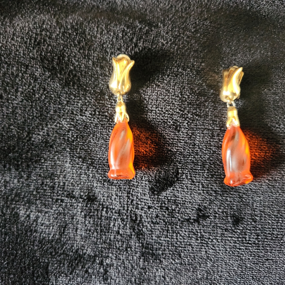 Daum Jasmine Flower Glass Crystal Orange Dangle Earrings